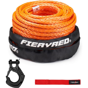 FIERYRED Synthetic Winch Rope Cable Kit 3/8inch 100FT 26500lbs Winch Line Replacement with Forged Hook Protective Sleeve for 4WD Off-Road Vehicle SUV, Orange